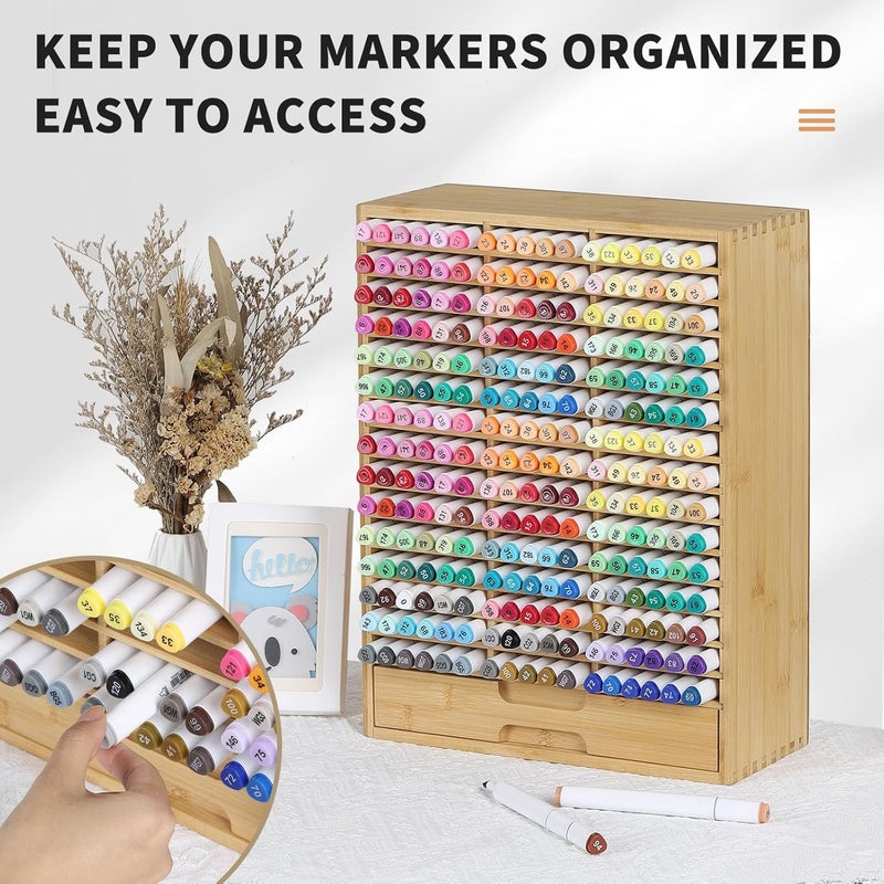 AUTOARK Bamboo Marker Organizer for 225 Markers,Desktop Storage Hold with drawers,Art Markers Pens Pencils Art Brushes Stationary Organizer Marker Pen Holder,AHK-063 - Image 4